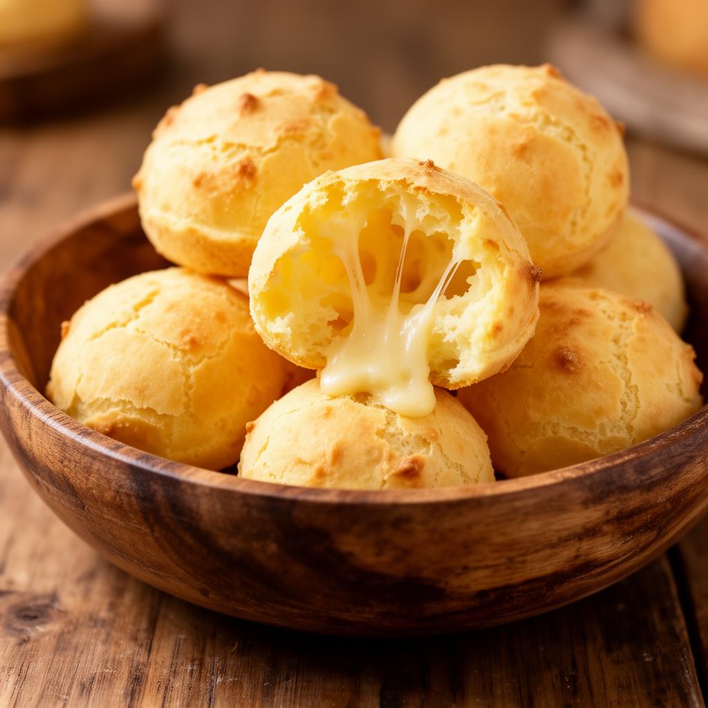 Pão de queijo artesanal recém-assado em tigela rústica de madeira